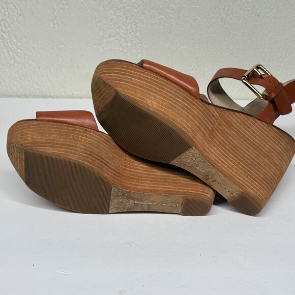 Michael Kors Xaria Wedges Cognac Brown Leather Buckle Open Toe Size 7.5 - Picture 6 of 8
